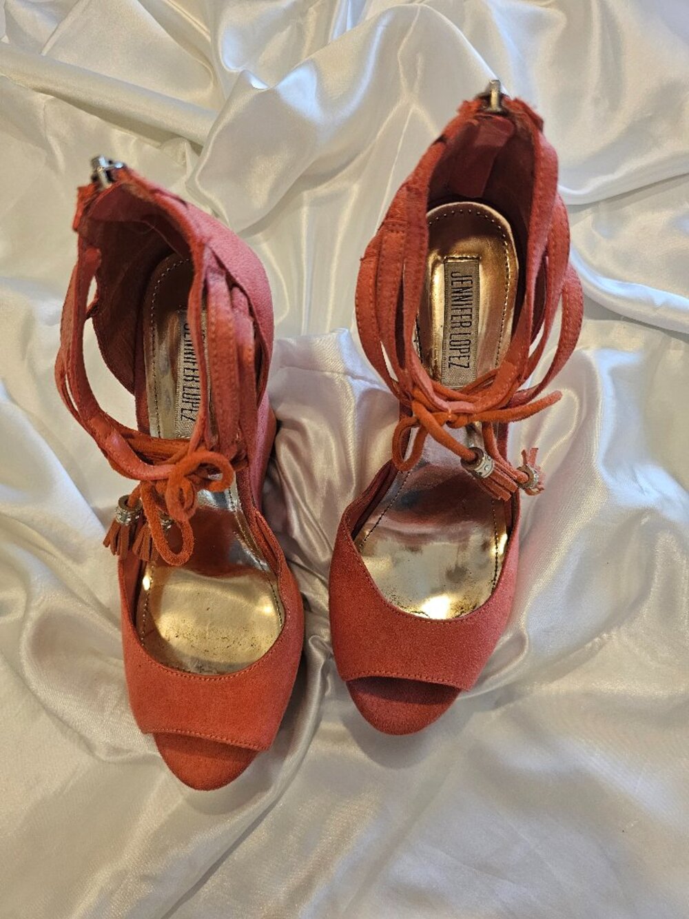 Orange swede wedge heels